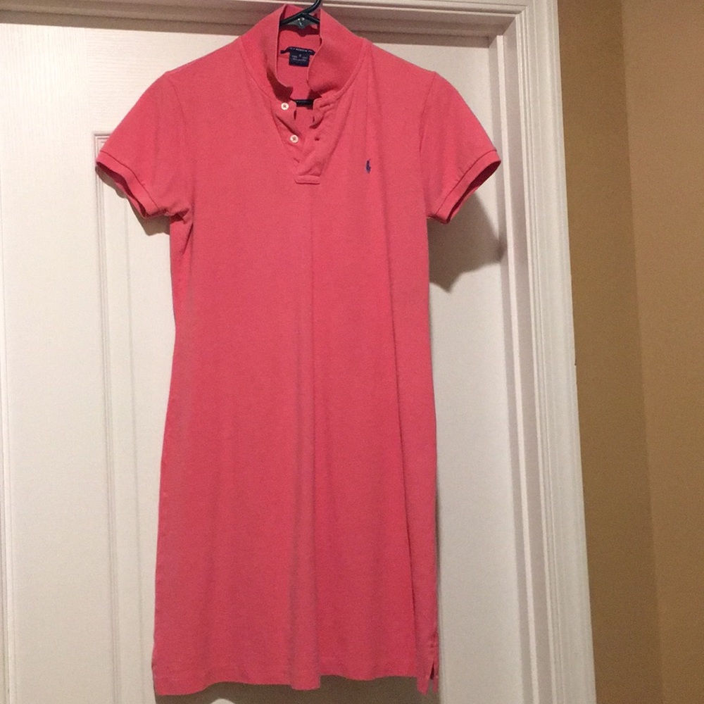 Pink and blue short sleeve button up dress.